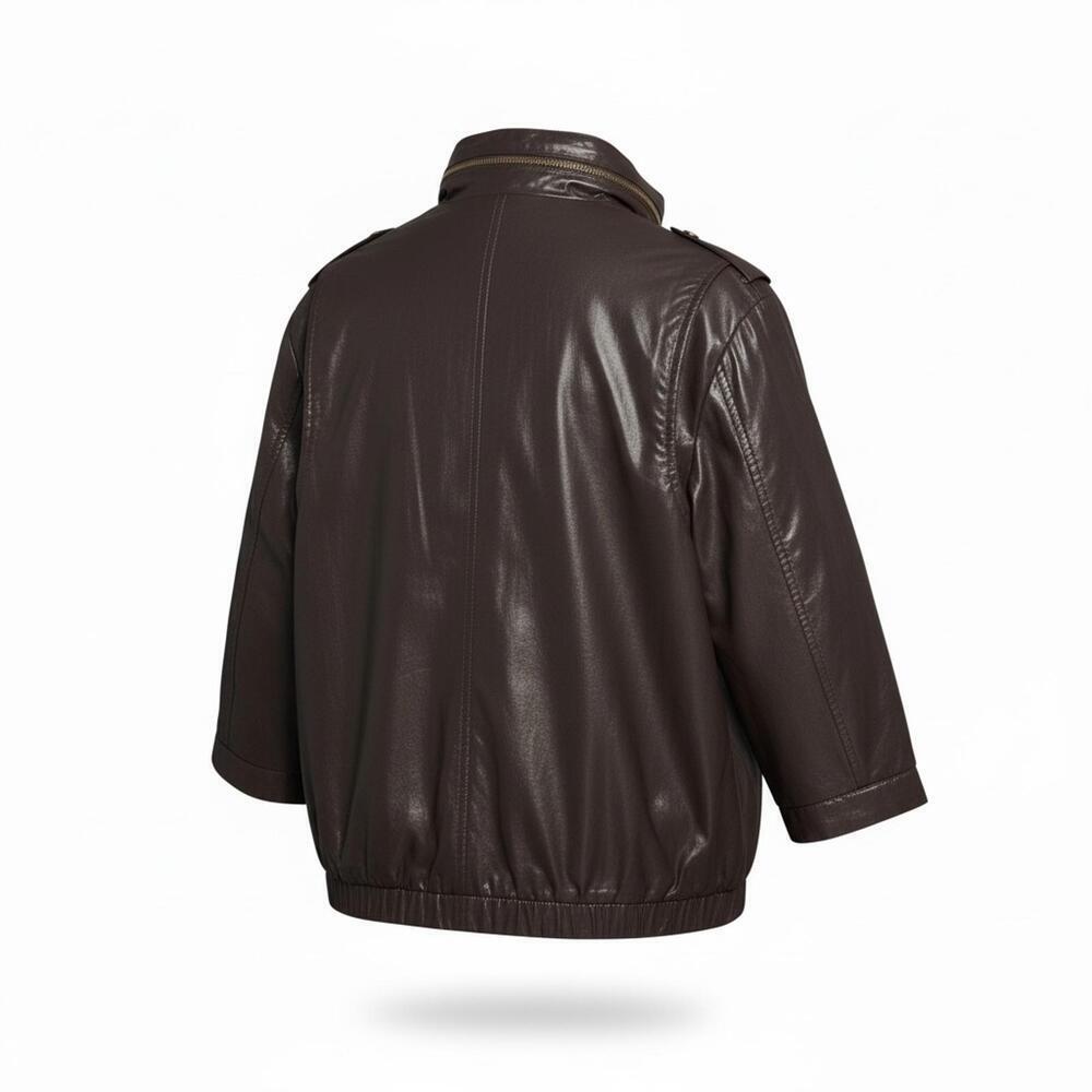 Chico's Brown Waxed Shiny 3/4 Sleeve Bomber Jacket, Size 2 (US 12) - Picture 6 of 8